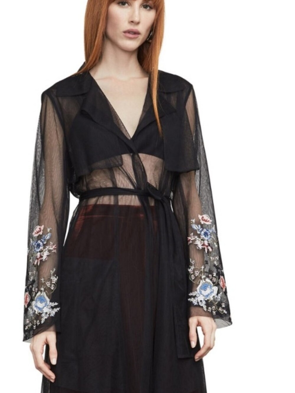 BCBGMaxAzria Black Sheer Embroidered Floral Sleeve Tie-Waist Trench Coat